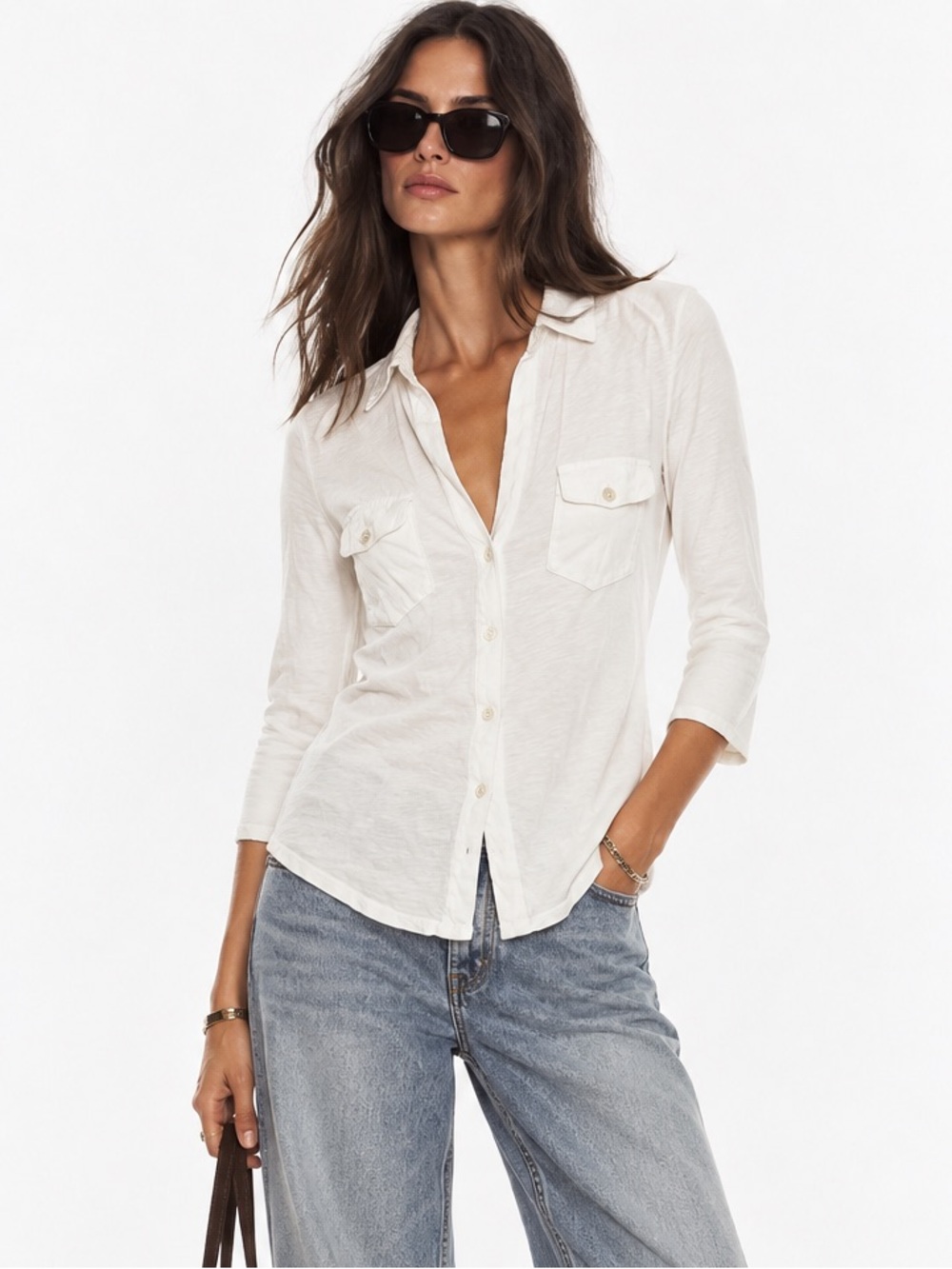 Standard James Perse White Ribbed Panel Utility Button Down Shirt Size 3